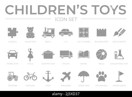 Giochi per bambini Set icone con Puzzle, Plush, treno e auto, gioco da tavolo, bambole, World, Italiano, Arte e Artigianato, Edilizia, cucina, nave, camion, Libro, palline, EDUC Illustrazione Vettoriale