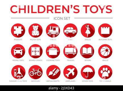 Set di icone Flat Red Children's Toys con Puzzle, Plush, treno e auto, gioco da tavolo, bambole, World, Italiano, Arte e Artigianato, Edilizia, cucina, nave, camion, Prenota, Ba Illustrazione Vettoriale