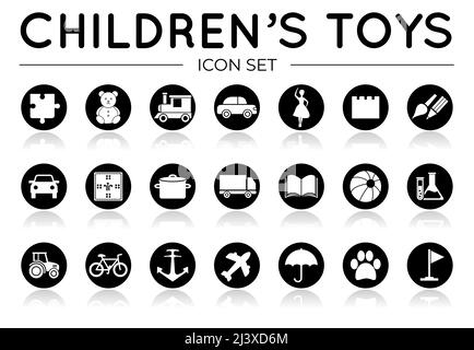 Black Children's Toys Icon Set con Reflection with Puzzle, Plush, Train and Car, gioco da tavolo, bambole, World, Italiano, Arte e Artigianato, Edilizia, cucina, nave, Tr Illustrazione Vettoriale