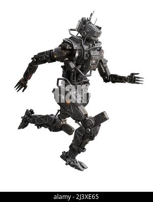 Fantascienza fantasy fiction Droid robot in esecuzione. 3D rendering isolato su sfondo bianco con tracciato di ritaglio. Foto Stock