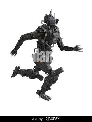 Fantascienza fantasy fiction Droid robot in esecuzione. 3D rendering isolato su sfondo bianco con tracciato di ritaglio. Foto Stock