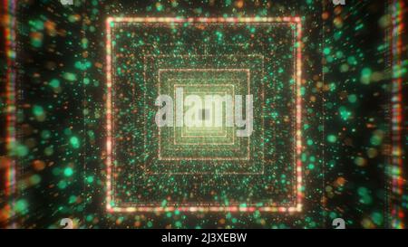 Un'astrazione luminosa costituita da forme geometriche. Movimento. Uno sfondo verde chiaro che consiste di quadrati che conducono in profondità nel tunnel. Foto Stock