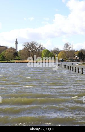 Forti venti primaverili si snodano sul lago di Regents Park, guardando verso la Moschea Centrale, a Londra, Regno Unito Foto Stock