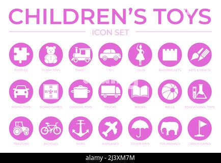 Rosa Giocattoli per bambini Set di icone con Puzzle, Plush, treno e auto, gioco da tavolo, bambole, World, Italiano, Arte e Artigianato, Edilizia, cucina, nave, camion, Libro, Palline, Illustrazione Vettoriale