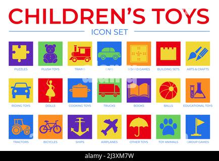 Giochi colorati per bambini Set di icone con Puzzle, Plush, treno e auto, gioco da tavolo, bambole, World, Italiano, Arte e Artigianato, Edilizia, cucina, nave, camion, Prenota, Ba Illustrazione Vettoriale
