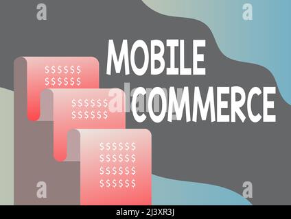 Testo che mostra ispirazione Mobile Commerce. Parola scritta sull'uso del telefono cellulare per condurre transazioni commerciali online Archivio cartaceo che rappresenta il futuro Foto Stock