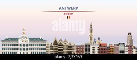 Paesaggio urbano di Anversa sul tramonto cielo sfondo illustrazione vettoriale con il nome del paese e della città e con la bandiera del Belgio Illustrazione Vettoriale