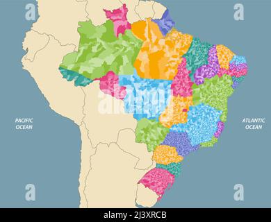 Gli stati del Brasile e i comuni vettore alto dettagliato mappa con i paesi e territori vicini Illustrazione Vettoriale