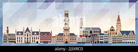 Poster vettoriale dello skyline di Bruges colorato su uno sfondo di bella texture triangolare Illustrazione Vettoriale