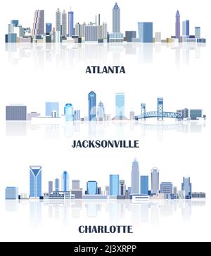 Collezione vettoriale di paesaggi urbani degli Stati Uniti: Atlanta, Jacksonville, Charlotte skylines in tinte di colore blu. Сrystal stile estetico Illustrazione Vettoriale