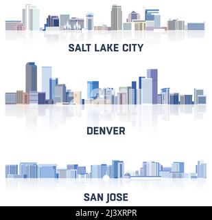 Collezione vettoriale di paesaggi urbani degli Stati Uniti: Salt Lake City, Denver, San Jose skylines in tinte di colore blu tavolozza. Сrystal stile estetico Illustrazione Vettoriale