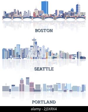 Collezione vettoriale di paesaggi urbani degli Stati Uniti: Boston, Seattle, Portland skylines in tinte di colore blu. Сrystal stile estetico Illustrazione Vettoriale