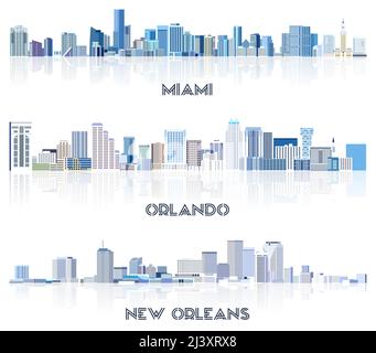 Collezione vettoriale di paesaggi urbani degli Stati Uniti: Miami, Orlando, New Orleans skyline in tinte di colore blu. Сrystal stile estetico Illustrazione Vettoriale
