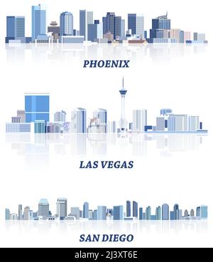 Collezione vettoriale di paesaggi urbani degli Stati Uniti: Phoenix, Las Vegas, San Diego skyline in tinte di colore blu. Сrystal stile estetico Illustrazione Vettoriale