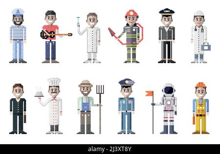 collezione vettoriale di personaggi di pixel art di diverse professioni Illustrazione Vettoriale