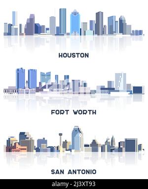 Collezione vettoriale di paesaggi urbani degli Stati Uniti: Houston, Fort Worth, San Antonio skyline in tinte di colore blu. Сrystal stile estetico Illustrazione Vettoriale