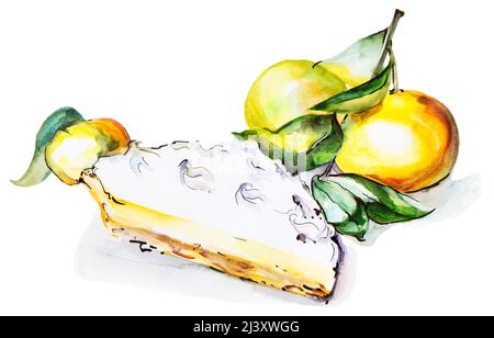 Acquerello illustrazione della fetta fetta di arancia o torta di albicocche e un pezzo di torta con frutta, isolati su sfondo bianco Foto Stock