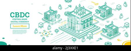 Valuta digitale della banca centrale o CBDC. Concetto finanziario isometrico con schema di interazione tra Banca Centrale e Banche commerciali. Blockchain. Illustrazione Vettoriale