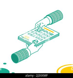 Contratto a due mani. Una mano dà il documento e l'altra mano lo prende. Documento cartaceo con testo di un uomo d'affari. Concetto isometrico. Vettore il Illustrazione Vettoriale