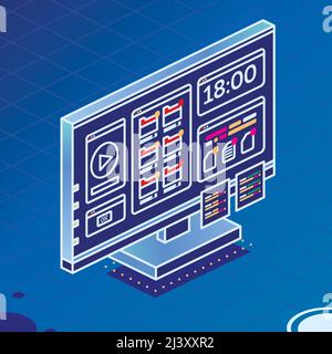 PC isometrico monoblocco con lettore multimediale, cartelle e due adesivi. Monitor contorno su sfondo blu. Illustrazione vettoriale. Illustrazione Vettoriale