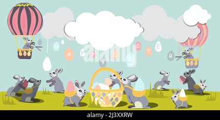 Il coniglietto pasquale vola in mongolfiera attraverso il cielo tra le nuvole e taglia via le uova di Pasqua con forbici. Conigli catturano le uova, li trasportano e mettono Illustrazione Vettoriale