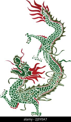 Decorativo rosso e verde stilizzato drago cinese o giapponese, isolato su bianco. Illustrazione Vettoriale