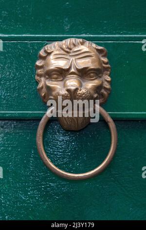 Primo piano su un battente di leone su una porta verde a Napoli, Italia. Foto Stock