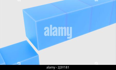 Figure brillanti in astrazione su sfondo bianco.Design. I quadrati geometrici blu e verde cadono uno ad uno e poi altri vengono in su. Foto Stock