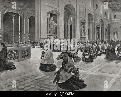 Italia. Pasqua a Roma. Il Capitolo di San Giovanni in Laterano rendo grazie davanti all'altare della Confessione dopo il battesimo degli ebrei. Illustrazione di H. Estevan. Fotoincisione di Laporta. La Ilustración Española y americana, 1898. Foto Stock