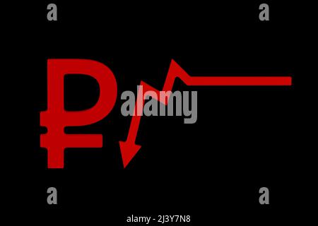 Sanzioni e crisi 2022 in Russia. Rapporti trimestrali o annuali dell'azienda. La crisi economica sul grafico. Freccia del grafico rivolta verso il basso contro la caduta Foto Stock