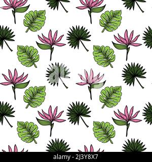 Un disegno senza giunture di un fiore tropicale della strelitzia, delle palme e delle foglie. Elementi disegnati a mano in stile barbatella, fiori luminosi e vegetazione. Tropici. Str Illustrazione Vettoriale