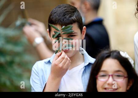 Beirut, Libano. 10th Apr 2022. Un ragazzo tiene un ramo d'oliva durante una celebrazione della Domenica delle Palme a Beirut, Libano, il 10 aprile 2022. La Domenica delle Palme, festa cristiana che cade la Domenica prima di Pasqua, segna l'inizio della settimana Santa. Credit: Bilal Jawich/Xinhua/Alamy Live News Foto Stock