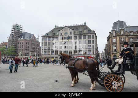 AMSTERDAM, PAESI BASSI, 3 GIUGNO 2016: Vista di una carrozza con cavalli e degli edifici storici di Amsterdam, Paesi Bassi, il 3 giugno 2016. Foto Stock