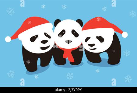 Carino panda bambino che indossa cappello di Natale, design piatto, vettore Illustrazione Vettoriale