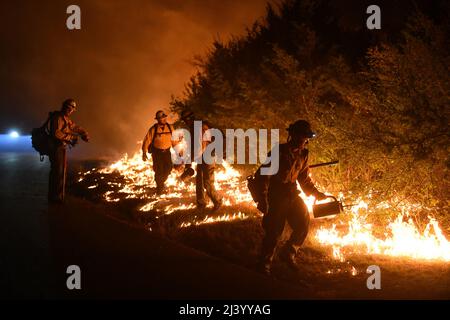 Texas state Forrest Service, Fredricksburg Task Force sciopero squadra vigili del fuoco, accendere un 'burn-out' controllato per gestire l'area di un grande incendio selvaggio 9 aprile 2022 presso la Joint base di San Antonio - campo Bullis zona demolizione gamma. JBSA-Camp Bullis comprende oltre 27.000 ettari di campi, aree di addestramento e terre selvatiche sul lato nord di San Antonio ed è un luogo di addestramento cruciale per i membri di servizio della Joint base di San Antonio. (STATI UNITI Air Force foto di Brian Boisvert) Foto Stock