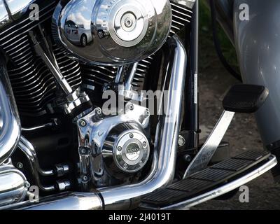 Motocicletta Harley Davidson lucida nera e cromata a New Forest, Hampshire, Inghilterra Foto Stock