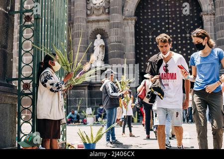 Gli artigiani vendono figure di palme durante la celebrazione della Domenica delle Palme fuori dalla Cattedrale di Puebla Foto Stock