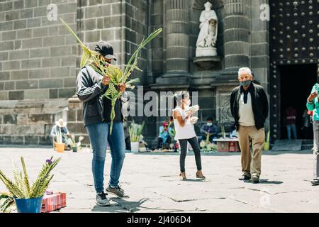 Gli artigiani vendono figure di palme durante la celebrazione della Domenica delle Palme fuori dalla Cattedrale di Puebla Foto Stock