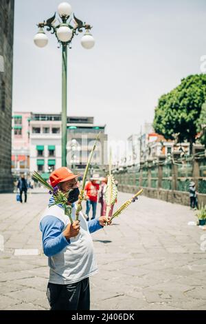 Gli artigiani vendono figure di palme durante la celebrazione della Domenica delle Palme fuori dalla Cattedrale di Puebla Foto Stock