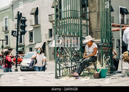 Gli artigiani vendono figure di palme durante la celebrazione della Domenica delle Palme fuori dalla Cattedrale di Puebla Foto Stock