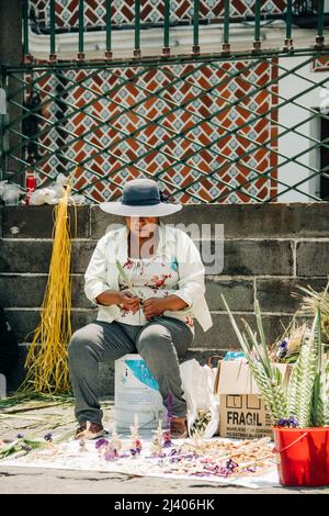 Gli artigiani vendono figure di palme durante la celebrazione della Domenica delle Palme fuori dalla Cattedrale di Puebla Foto Stock