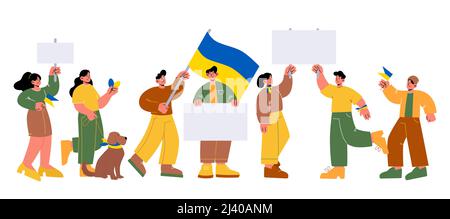 Rivolta contro la guerra contro l'Ucraina, persone che detengono bandiere e striscioni ucraine gialle e blu in dimostrazione per fermare l'aggressione russa. Giovani donne e uomini protestano, linea arte flat vettoriale illustrazione Illustrazione Vettoriale