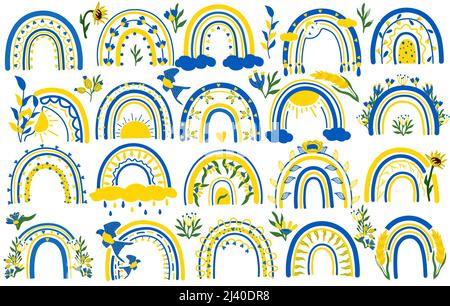 Collezione arcobaleni con cuori, fiori, foglie, nubi, uccelli in giallo e blu. Stile Scandinavo. Questo clipart è adatto per la stampa di poster, borse, cartoline e altro. Vettore. Illustrazione Vettoriale