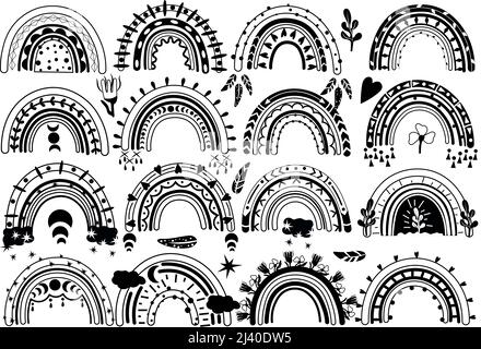 Collezione bianco e nero boho arcobaleni con cuori, fiori, foglie, nube su sfondo bianco. Stile Scandinavo. Illustrazione vettoriale. Illustrazione Vettoriale