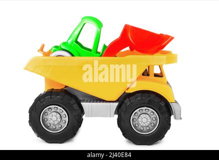 giocattolo in plastica giallo per dumper da miniera grande, su bianco Foto Stock