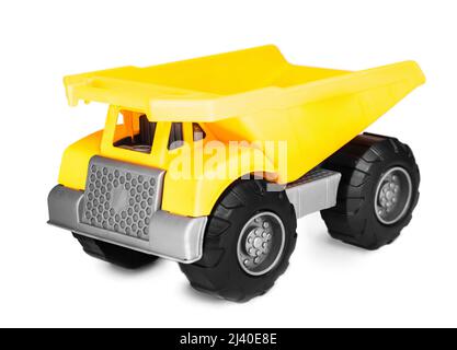 dumper da miniera giocattolo in plastica gialla, su bianco Foto Stock