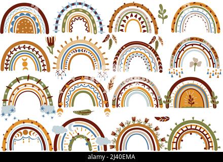 Grande set di boho arcobaleno con cuori, fiori, foglie, piume, nuvole in colori pastello. Stile Scandinavo. Illustrazione vettoriale. Illustrazione Vettoriale