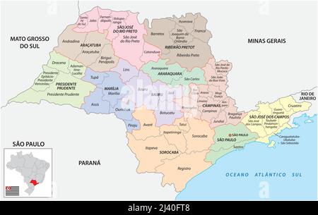 Mappa delle regioni geografiche intermedie e immediate di San Paolo, Brasile Illustrazione Vettoriale