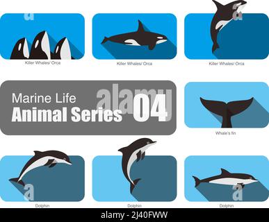 La vita marina cartoon raccolta, vettore, Killer Whale, Orca, Dolphin, illustrazione vettoriale Illustrazione Vettoriale