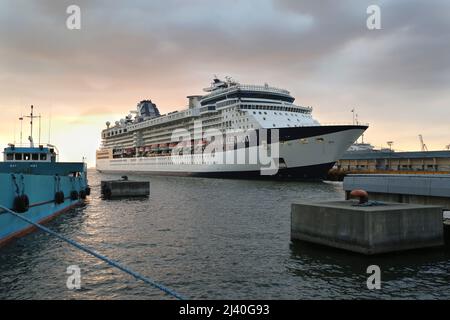 Nave da crociera Celebrity Millennium illuminata ormeggiata nel porto di Manila Bay, turismo nelle Filippine, crociere premium Asia Pacifico, gru portuali, porto Foto Stock